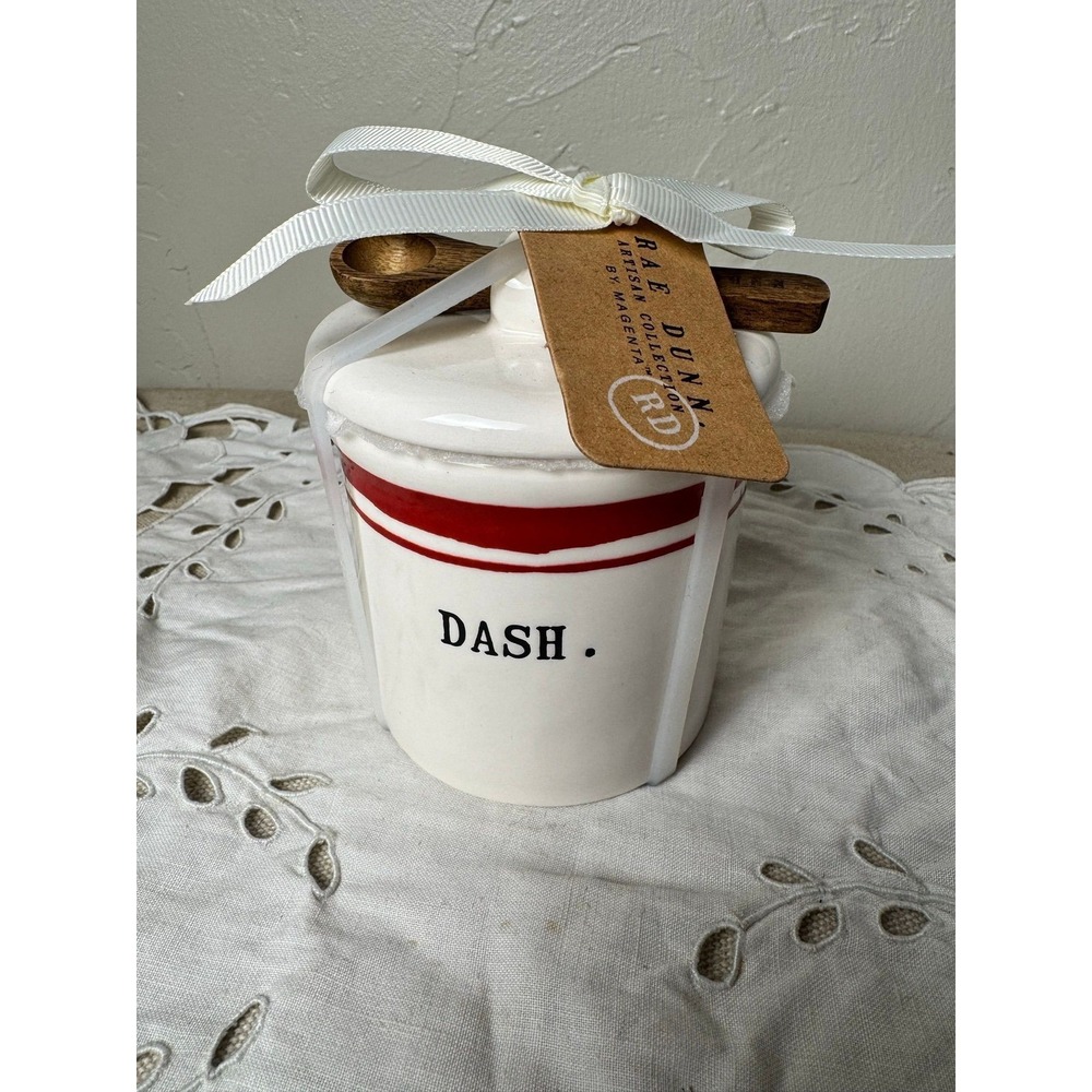 Rae Dunn DASH small canister w/ wooden spoon red pinstripe sugar salt